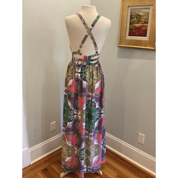 Yumi Kim Enchanted Silk Maxi Dress‎ Mosaic Print Back Cutout Detail Size Medium - Picture 4 of 11